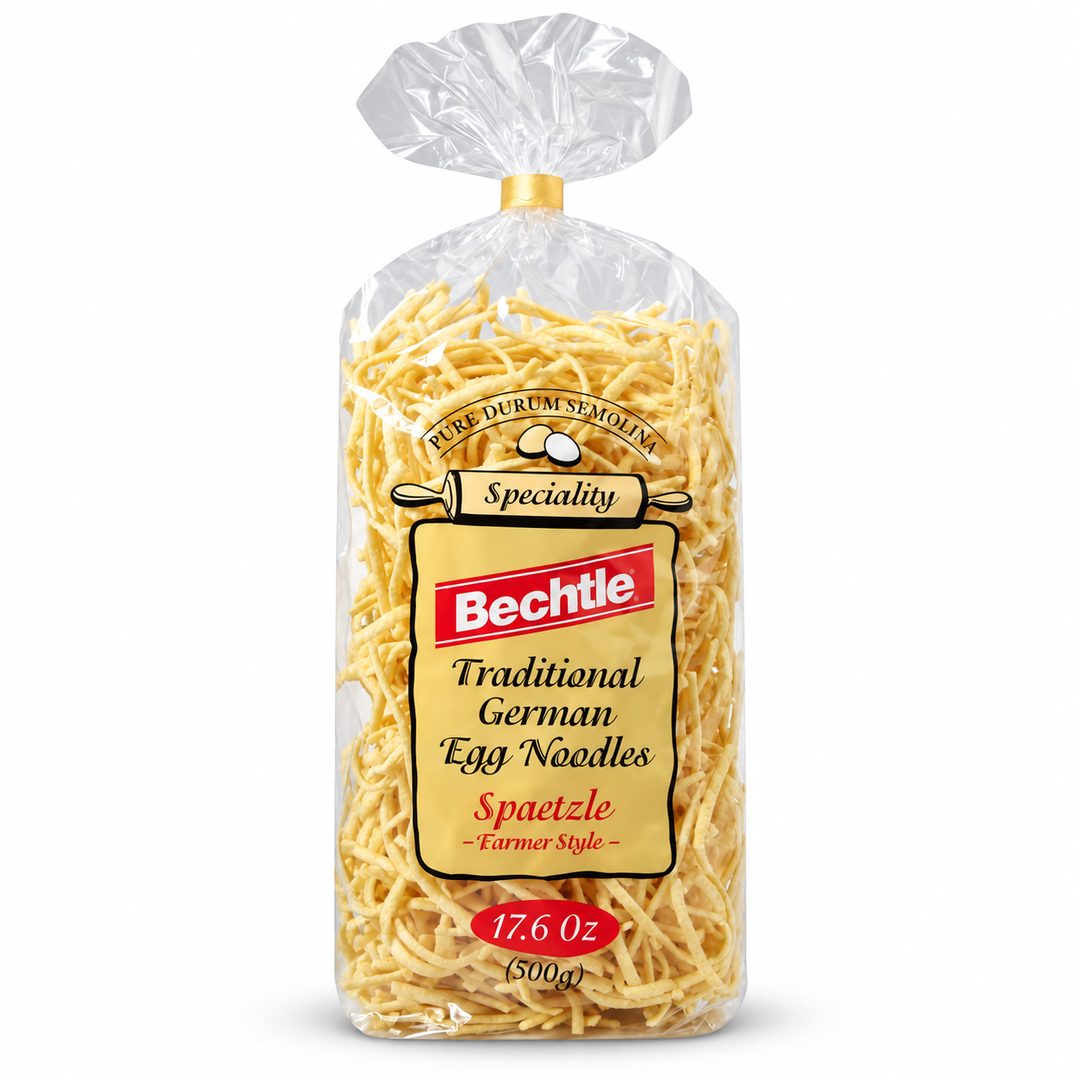 A 500 g bag of Bechtle Farmer Style Spaetzle with a yellow label on a white background