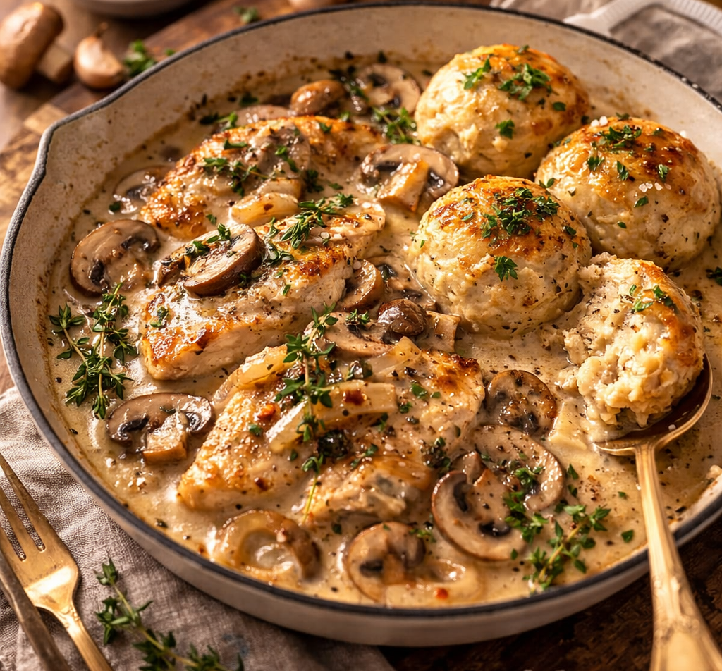 Creamy Mushroom Chicken with Dr. Knoll Bread Dumplings 🍄🍗✨