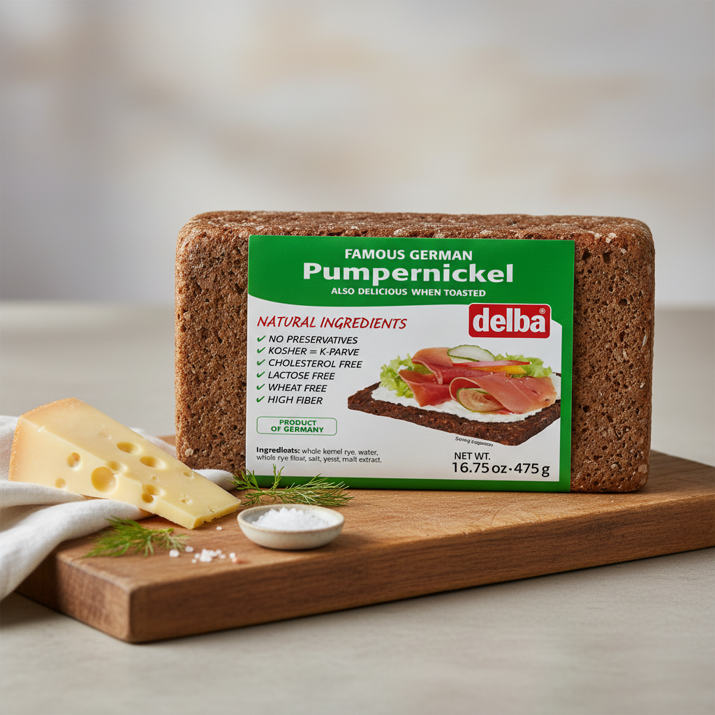 Delba German Pumpernickel Bread package on a wooden board beside cheese and a small dish of salt