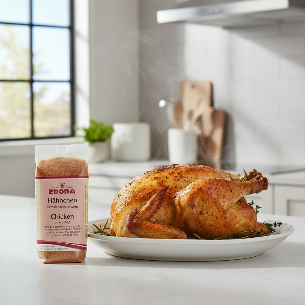 EDORA Chicken Seasoning packet beside a whole roast chicken on a white platter in a bright kitchen.
