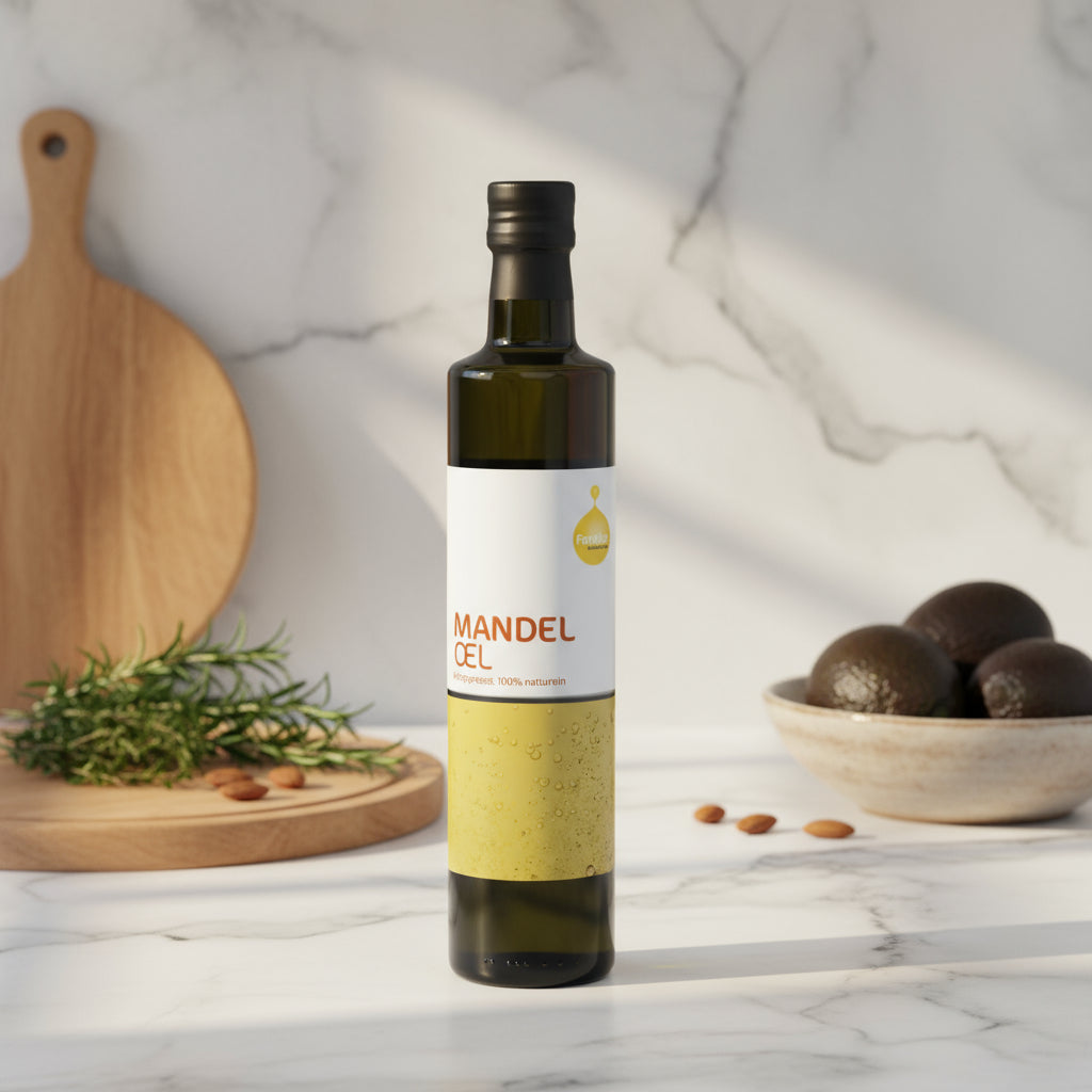 Fandler almond oil bottle on a marble counter beside almonds and herbs