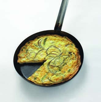 Green asparagus and potato frittata in a skillet