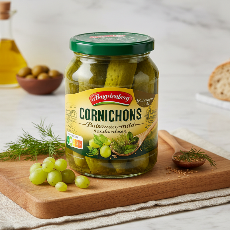 Hengstenberg Cornichons Balsamico Mild jar on a wooden board with green grapes, dill and a wooden spoon