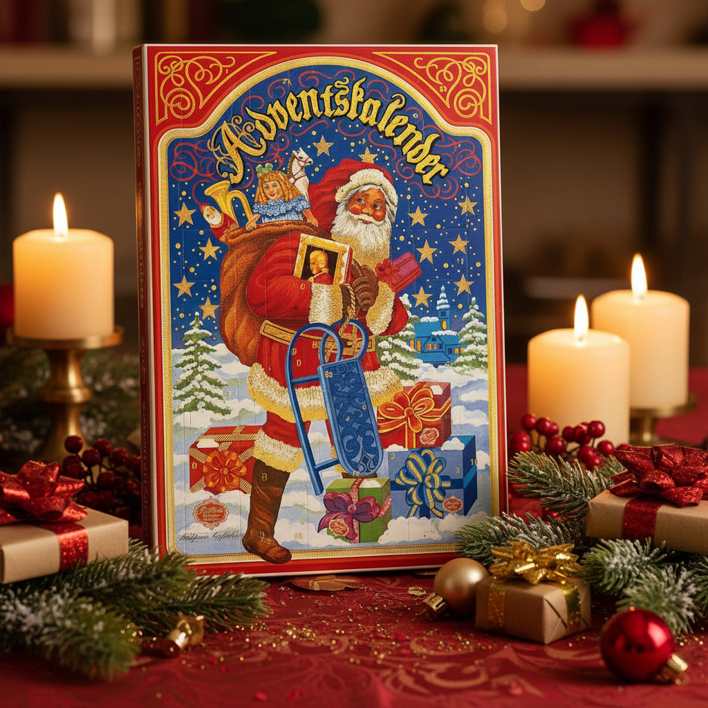 Modern Reber Advent calendar with a Santa illustration, surrounded by candles, evergreen branches and wrapped gifts