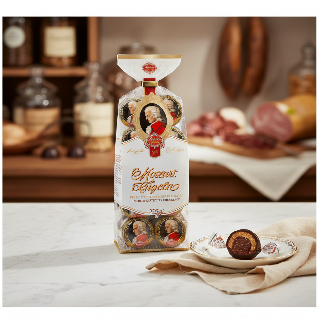 Bag of genuine Reber Mozart-Kugeln with pistachio marzipan and hazelnut nougat