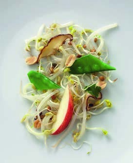 Sprout salad with pear, shiitake mushrooms, snow peas and peanuts