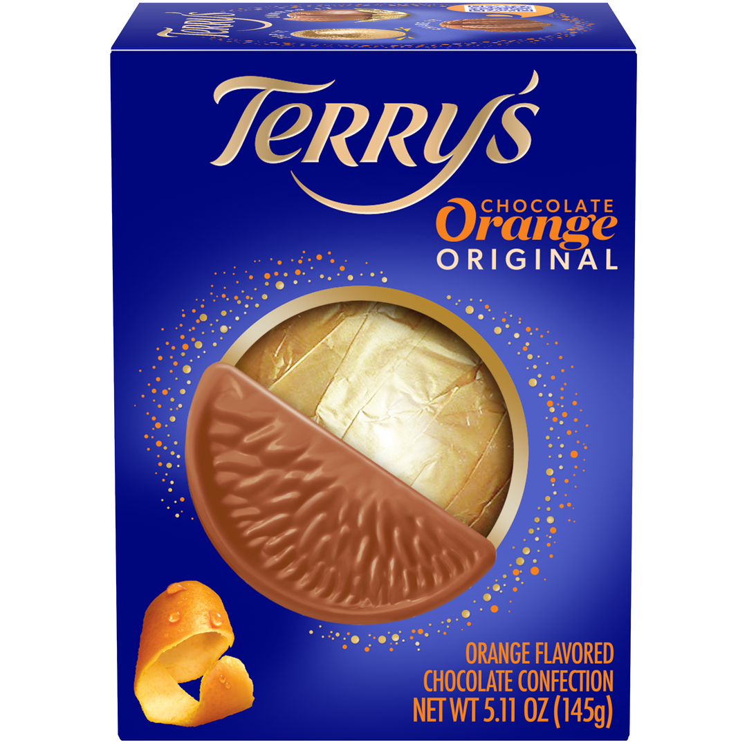 Terry's Original Milk Chocolate Orange 145 g box with foil ball and chocolate segment