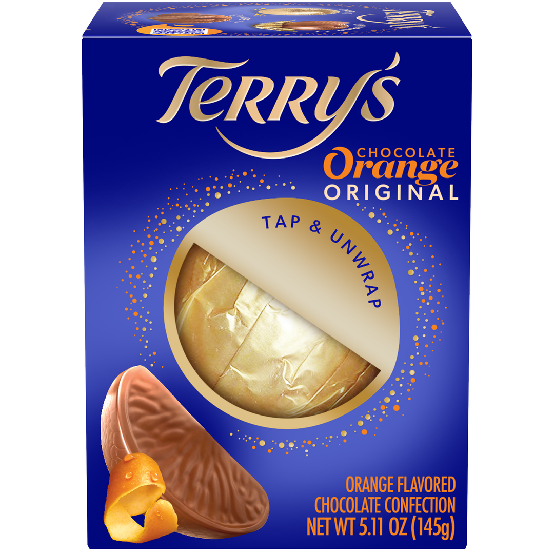 Terry's Original Milk Chocolate Orange 145 g box showing wrapped ball and chocolate segment
