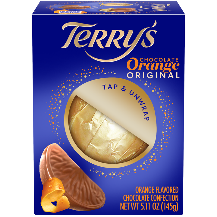 Terry's Original Milk Chocolate Orange 145 g box showing wrapped ball and chocolate segment