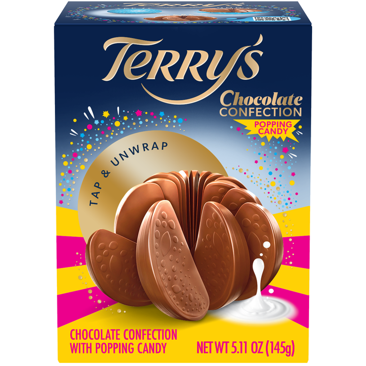 Terry's Milk Chocolate Orange Popping Candy, 145 g box, front view