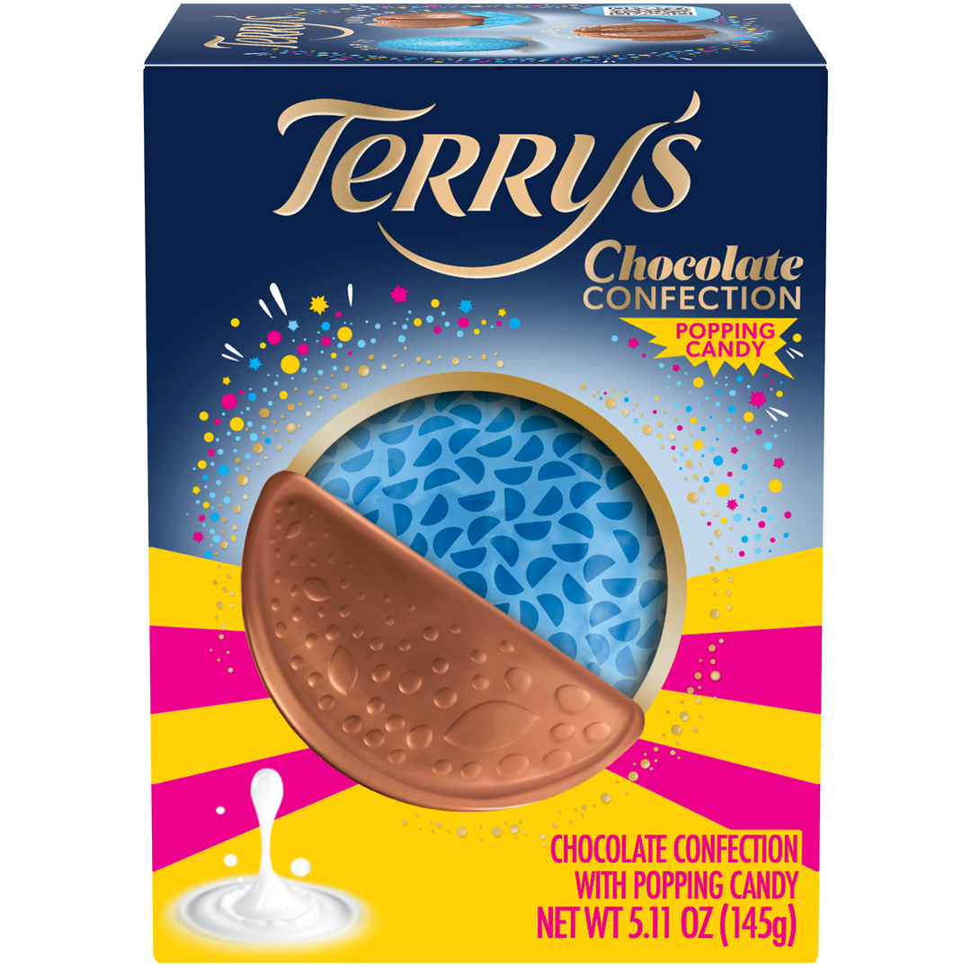 Terry's Milk Chocolate Orange Popping Candy 145 g box showing blue foil ball