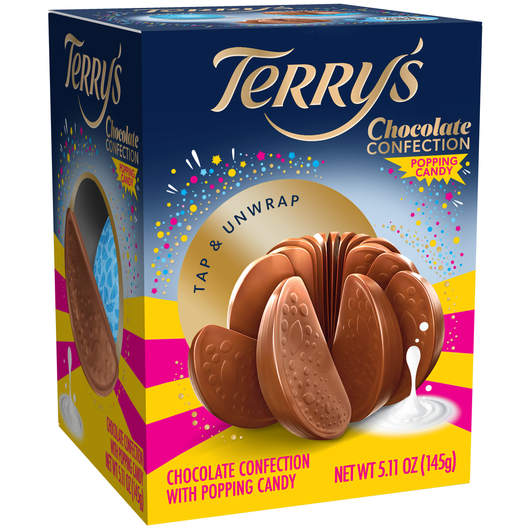 Terry's Milk Chocolate Orange Popping Candy, 145 g box angled left