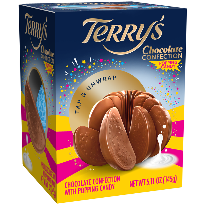 Terry's Milk Chocolate Orange Popping Candy, 145 g box angled left