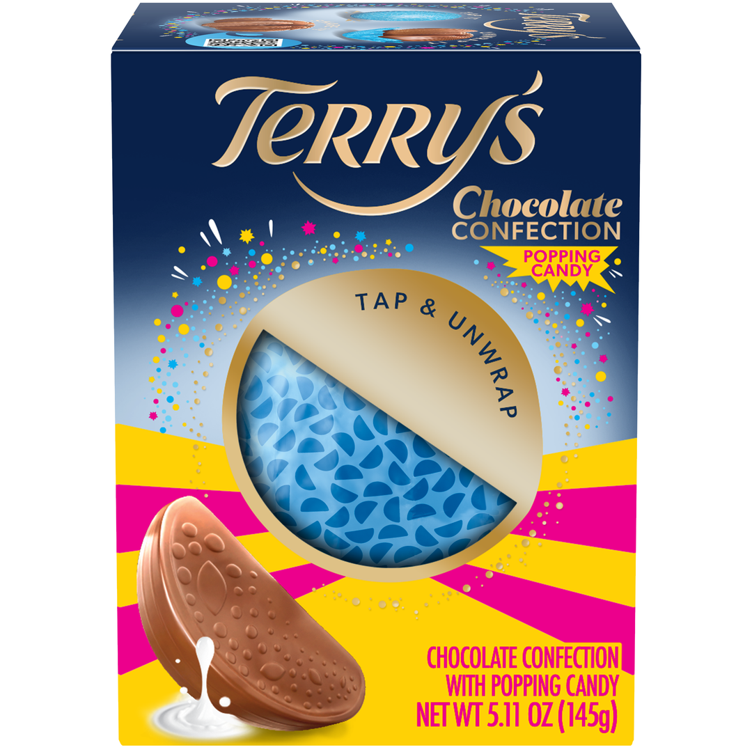 Terry's Milk Chocolate Orange Popping Candy 145 g box with foil ball and chocolate segment