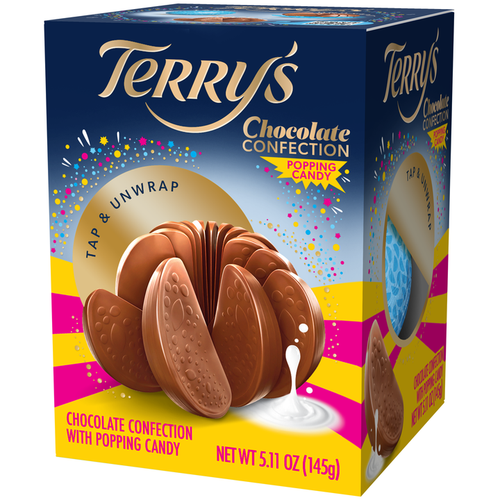Terry's Milk Chocolate Orange Popping Candy, 145 g box angled right