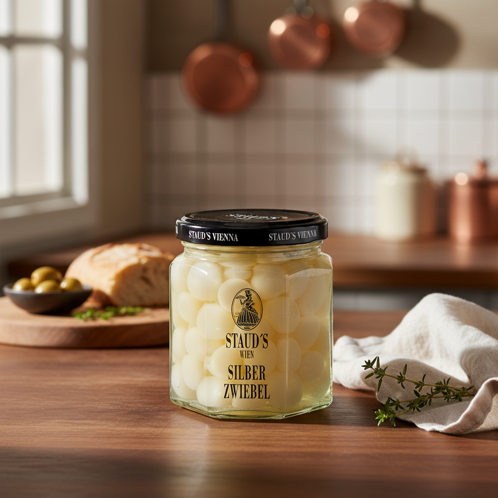 Staud's Pearl Onions jar displayed on a kitchen table