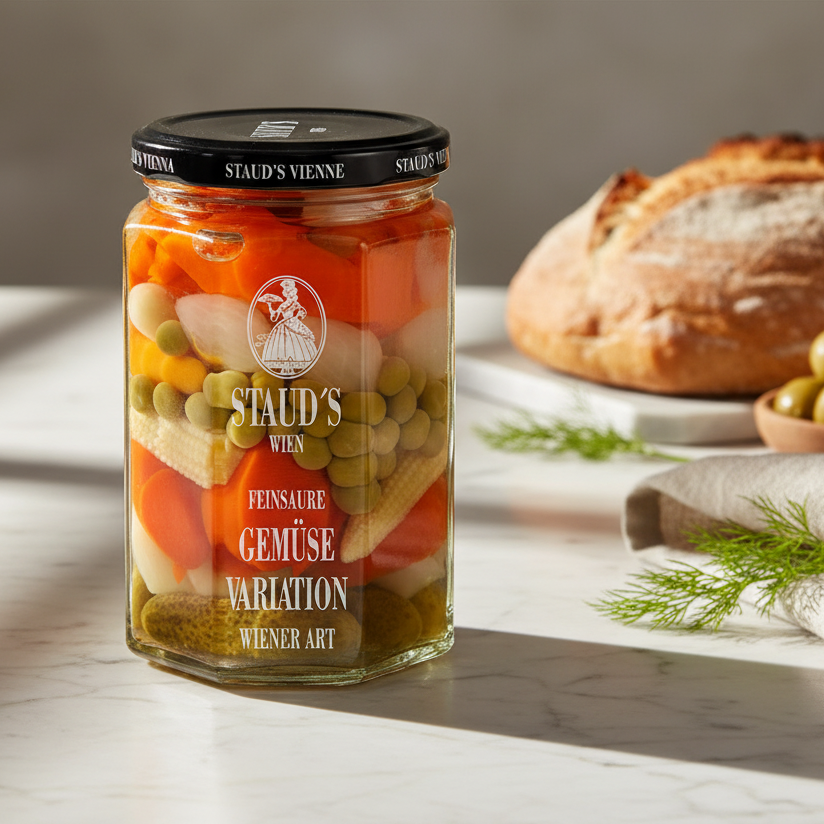 Staud's mixed vegetables 280 g jar displayed with bread
