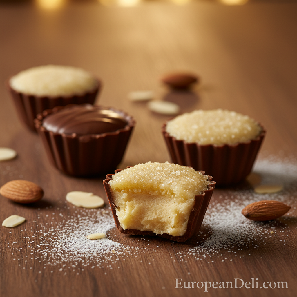 Ickx Crème Brûlée pralines with a sugar topping, including a cut-open piece on a wooden table