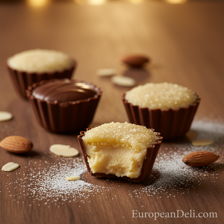Ickx Crème Brûlée pralines with a sugar topping, including a cut-open piece on a wooden table