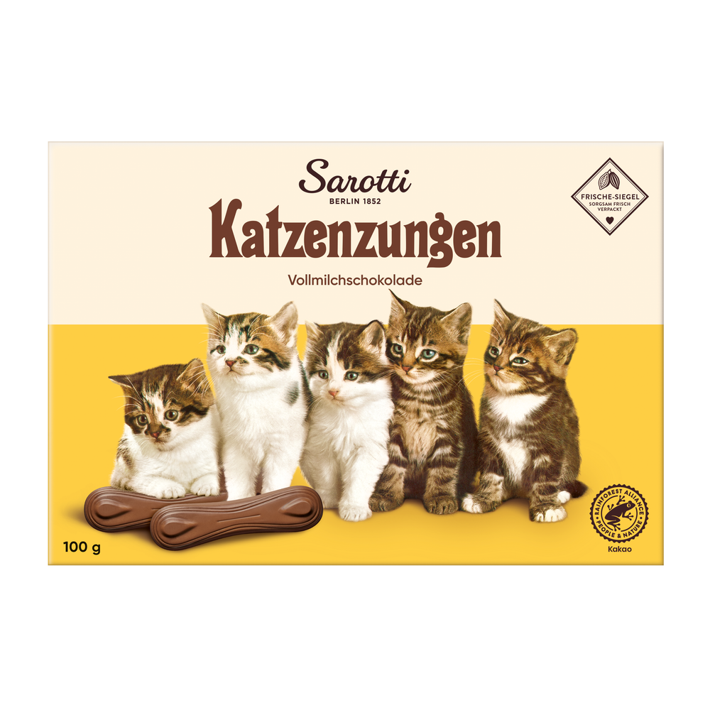Sarotti Milk Chocolate Cat Tongues, 100 g box, front view