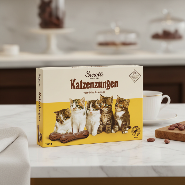 Sarotti Milk Chocolate Cat Tongues 100 g box displayed with chocolates and coffee