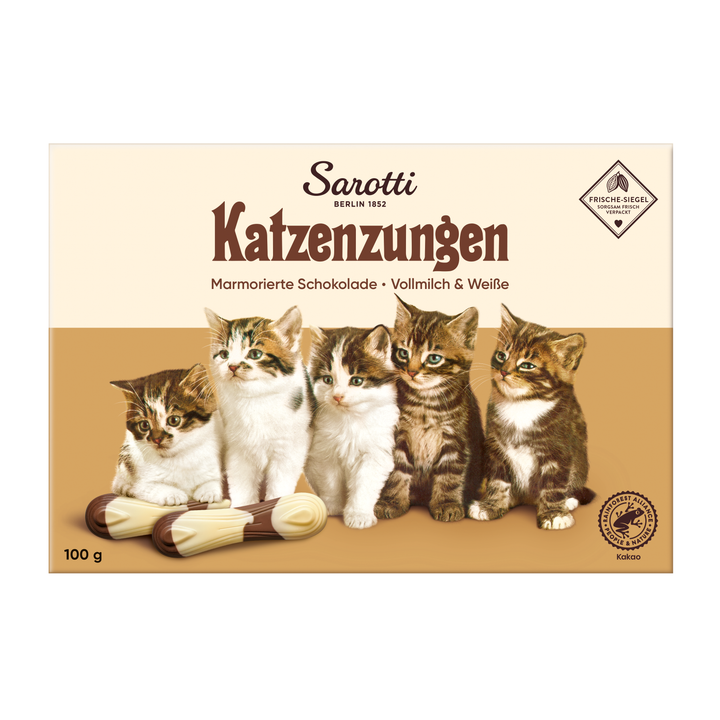 Sarotti Marbled Chocolate Cat Tongues, 100 g box, front view