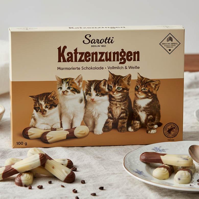 Sarotti Marbled Chocolate Cat Tongues 100 g box displayed with marbled chocolates