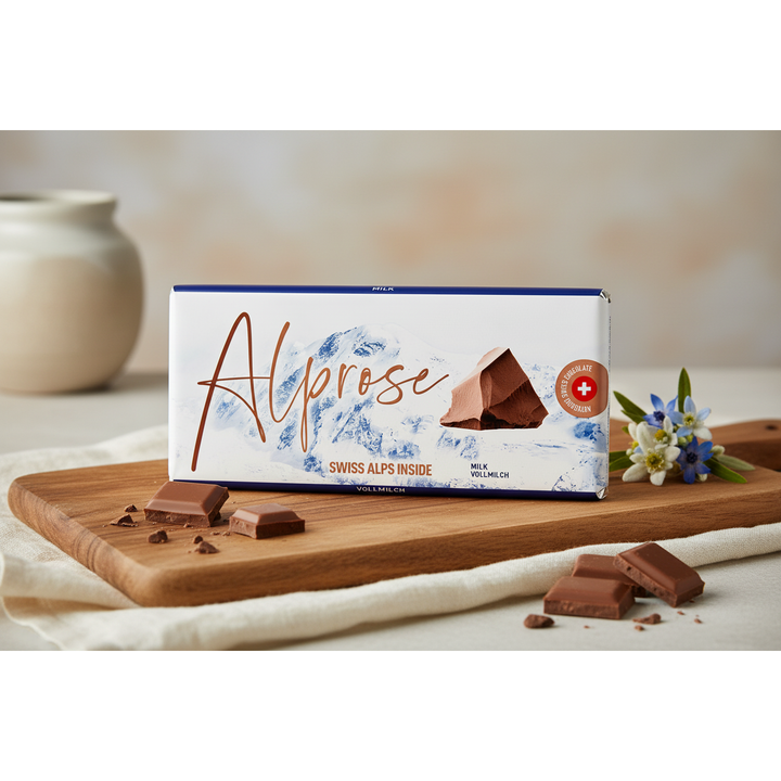 Alprose milk chocolate, 100 g bar displayed on a wooden board
