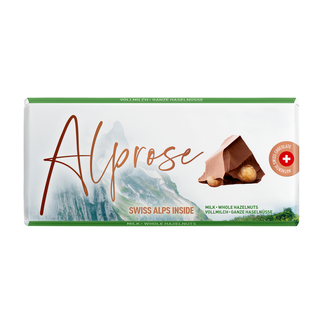Alprose milk chocolate with whole hazelnuts, 100 g package on white