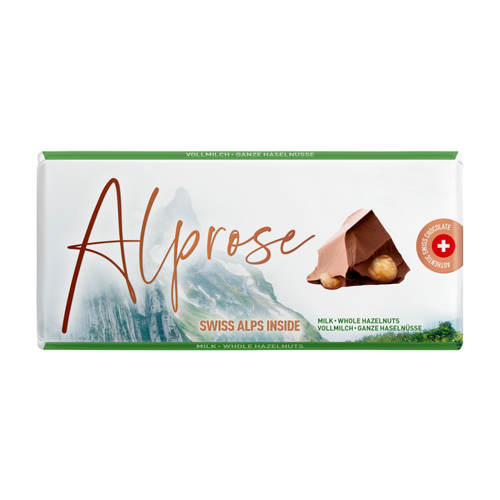 Alprose milk chocolate with whole hazelnuts, 100 g package on white