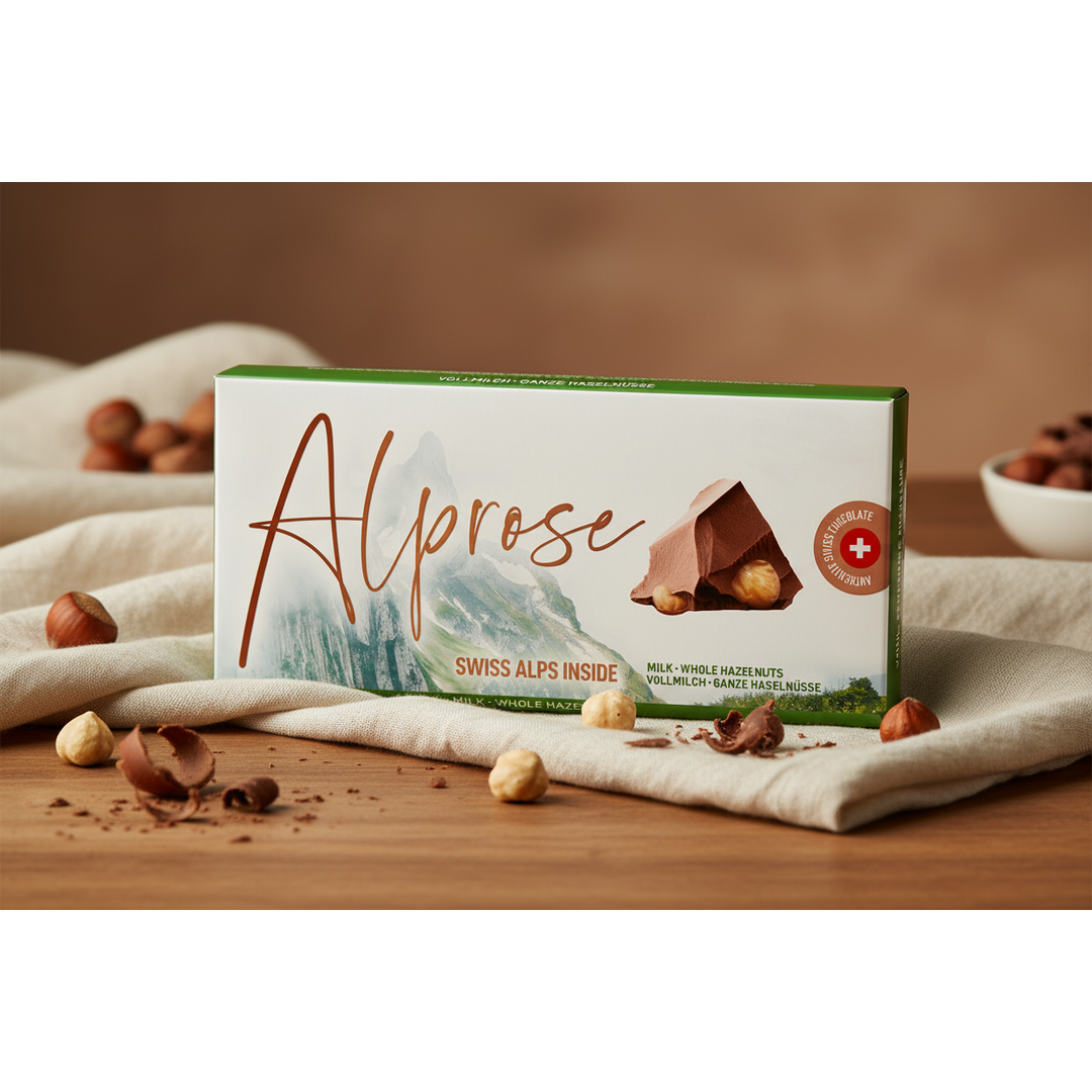 Alprose milk chocolate with whole hazelnuts, 100 g bar displayed with hazelnuts