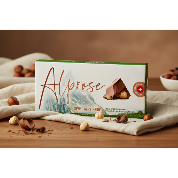 Alprose milk chocolate with whole hazelnuts, 100 g bar displayed with hazelnuts