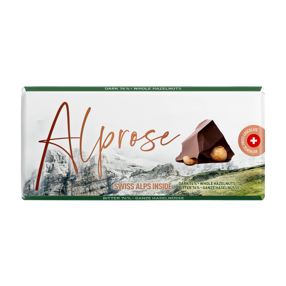 Alprose 74% dark chocolate with whole hazelnuts, 100 g package on white
