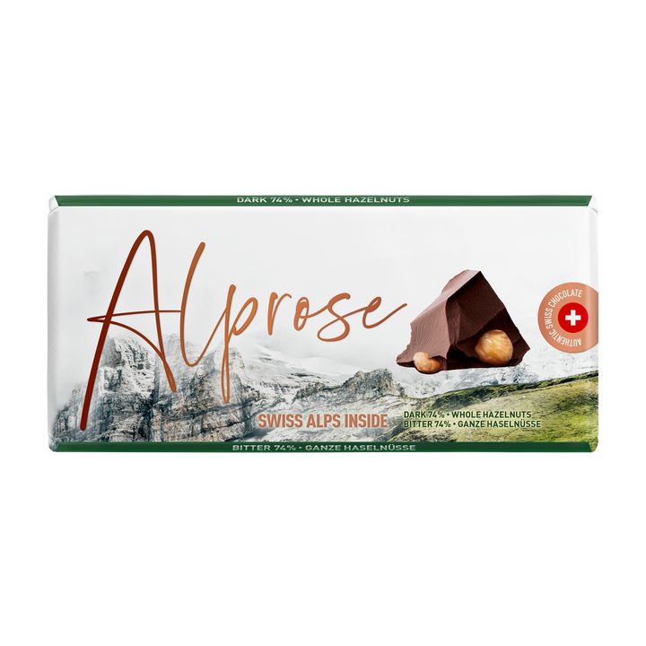 Alprose 74% dark chocolate with whole hazelnuts, 100 g package on white
