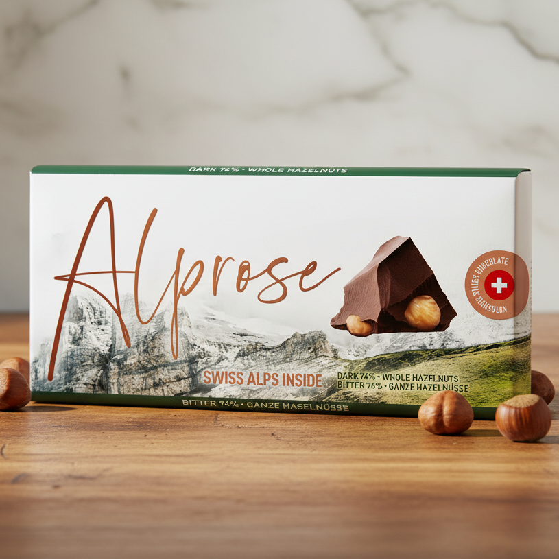 Alprose 74% dark chocolate with whole hazelnuts, 100 g bar displayed with hazelnuts