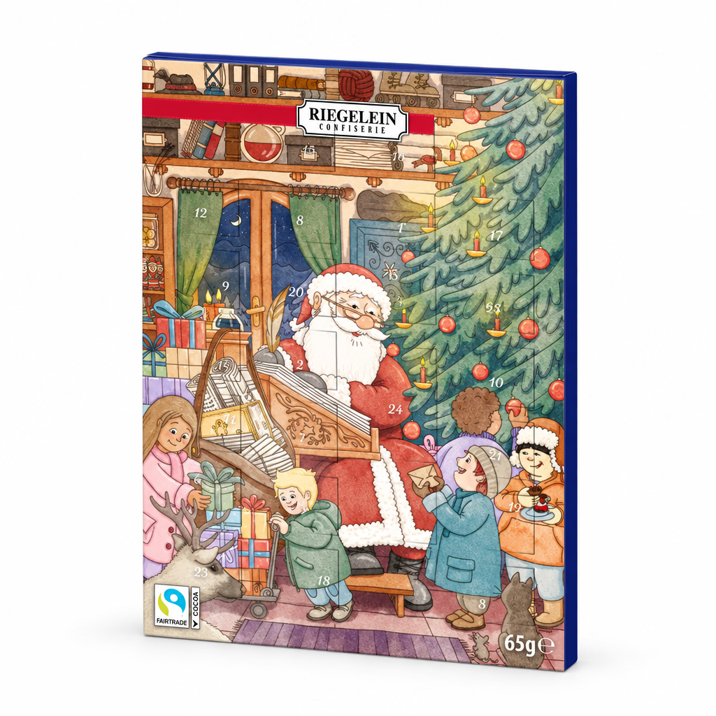 Advent calendar with Santa Claus and children around a Christmas tree, featuring the brand 'Riegelein'.