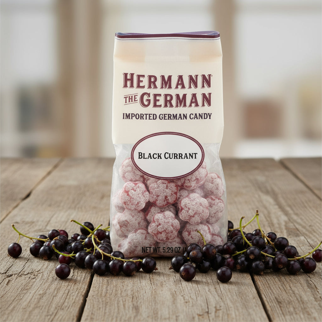 Bag of Hermann the German Black Currant candy on a white background