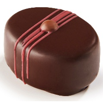 Ickx Chili Cherry praline with pink chocolate stripes on a white background