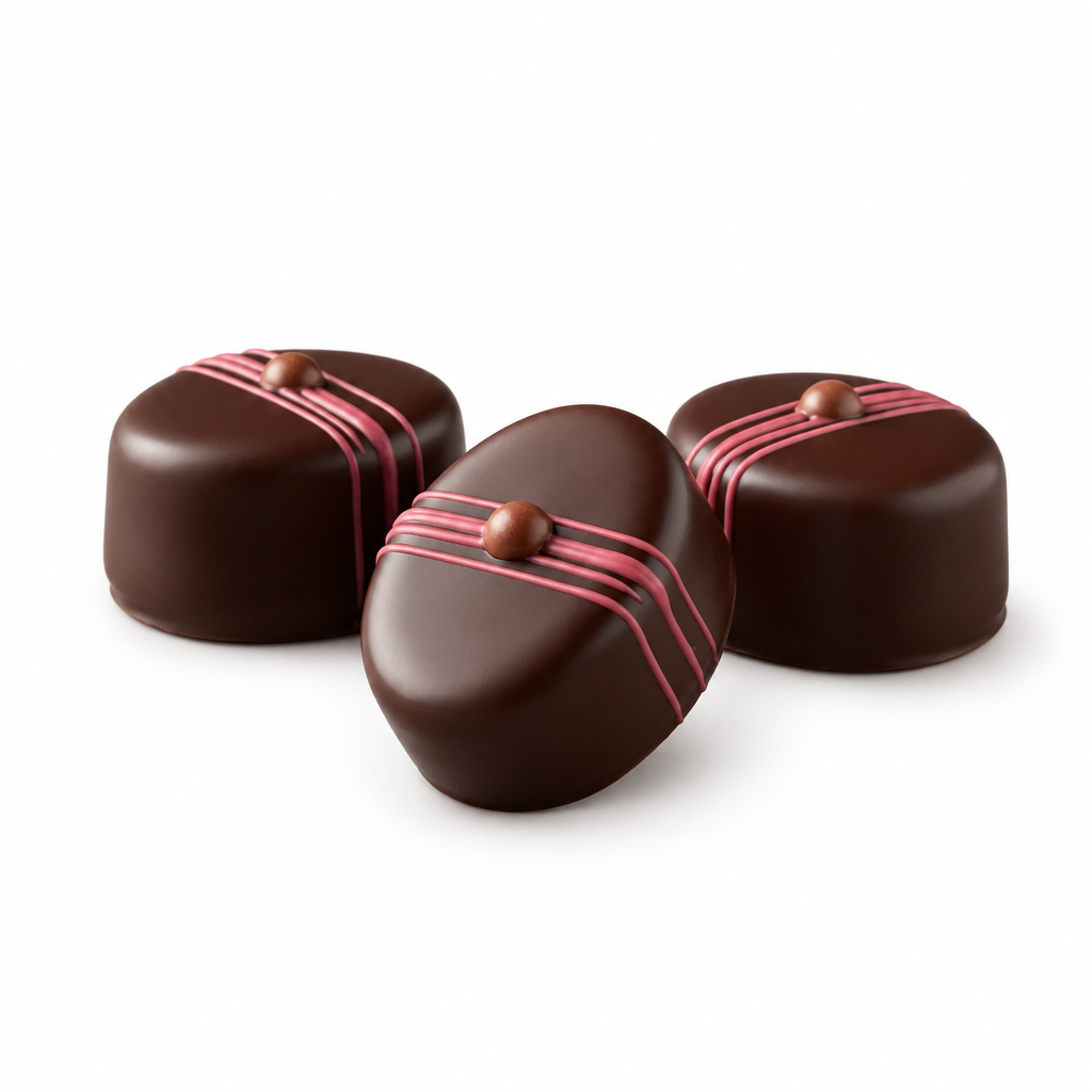 Three Ickx Chili Cherry dark chocolate pralines with pink stripes, 16 g each