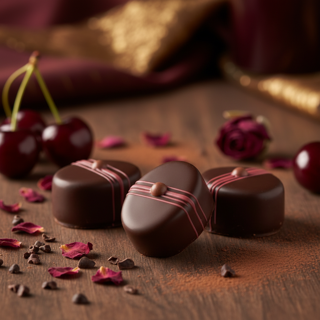 Ickx Chili Cherry pralines with pink chocolate stripes beside cherries on a wooden table
