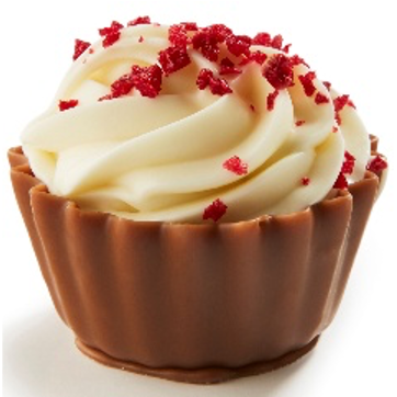 Ickx Red Velvet Berry Cheesecake chocolate with white cream topping and red sprinkles
