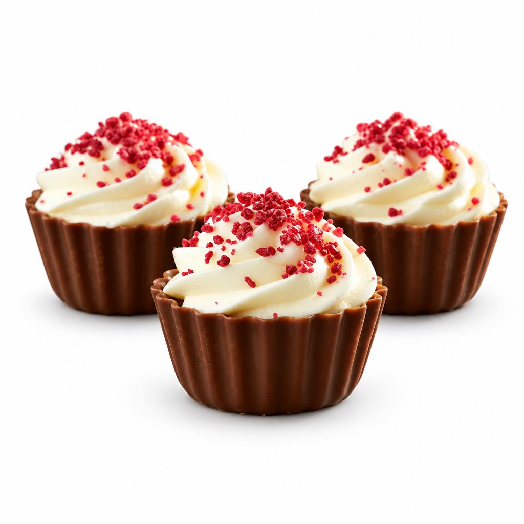 Three Ickx Red Velvet Berry Cheesecake chocolates with cream topping