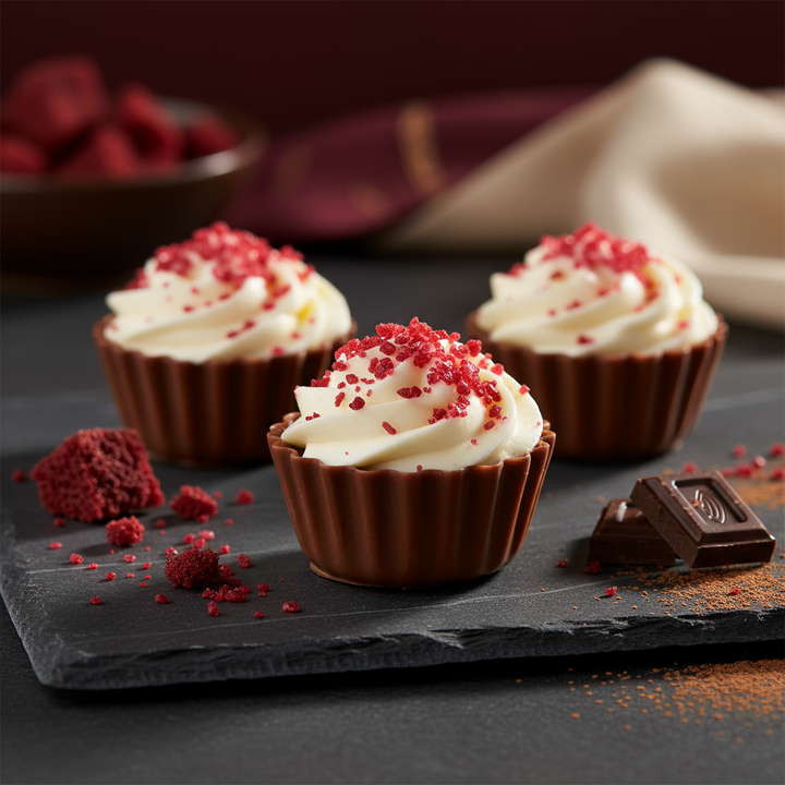 Ickx Red Velvet Berry Cheesecake chocolates with white cream topping and red sprinkles on a slate board