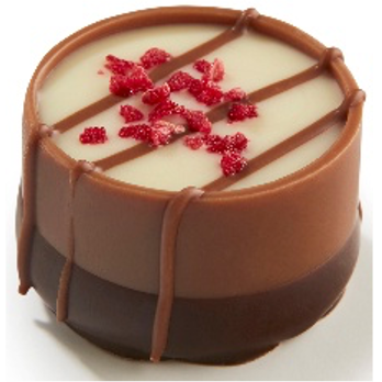 Ickx Noix de Framboise raspberry hazelnut praline with chocolate stripes and red sprinkles