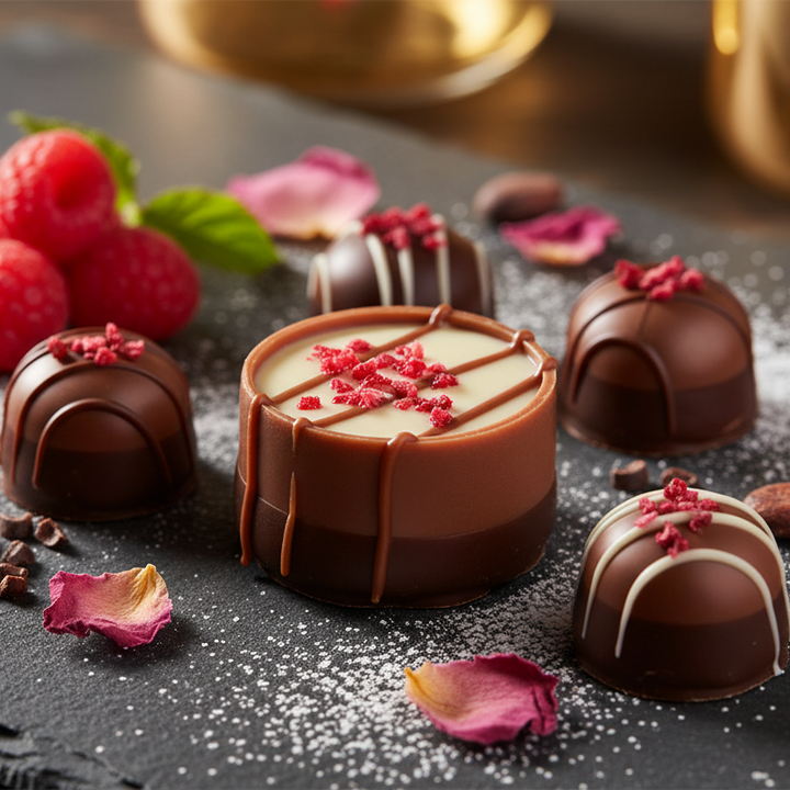 Ickx Noix de Framboise raspberry hazelnut praline with a pale topping and red sprinkles beside raspberries