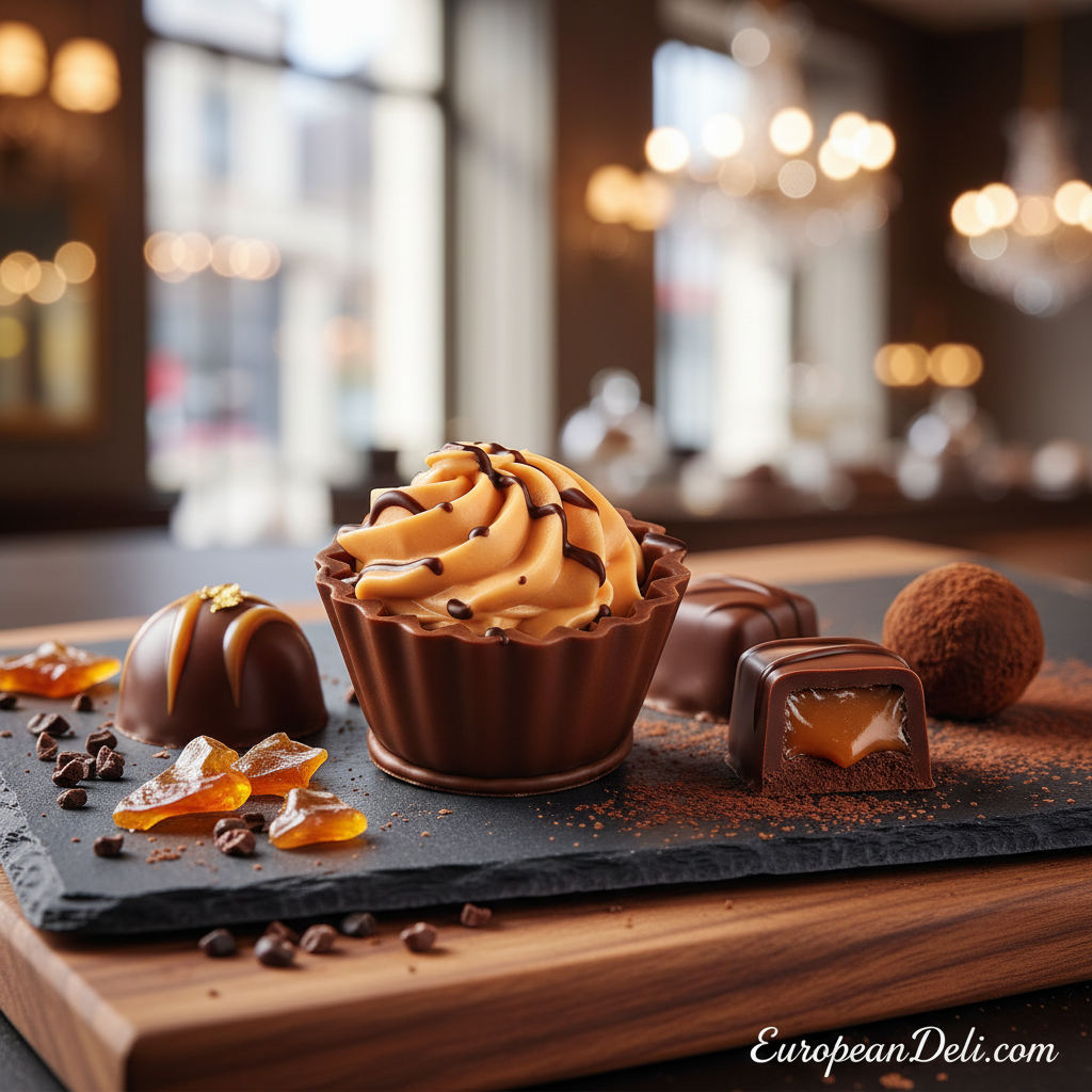 Ickx Salted Caramel and Orange Cupcake chocolate with orange cream topping on a slate board