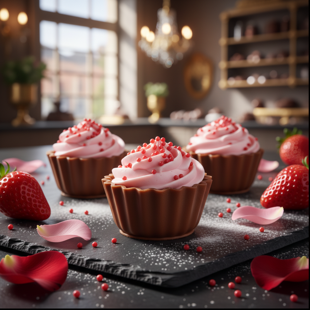 Ickx Strawberry Cupcake chocolates with pink cream topping beside strawberries on a slate board