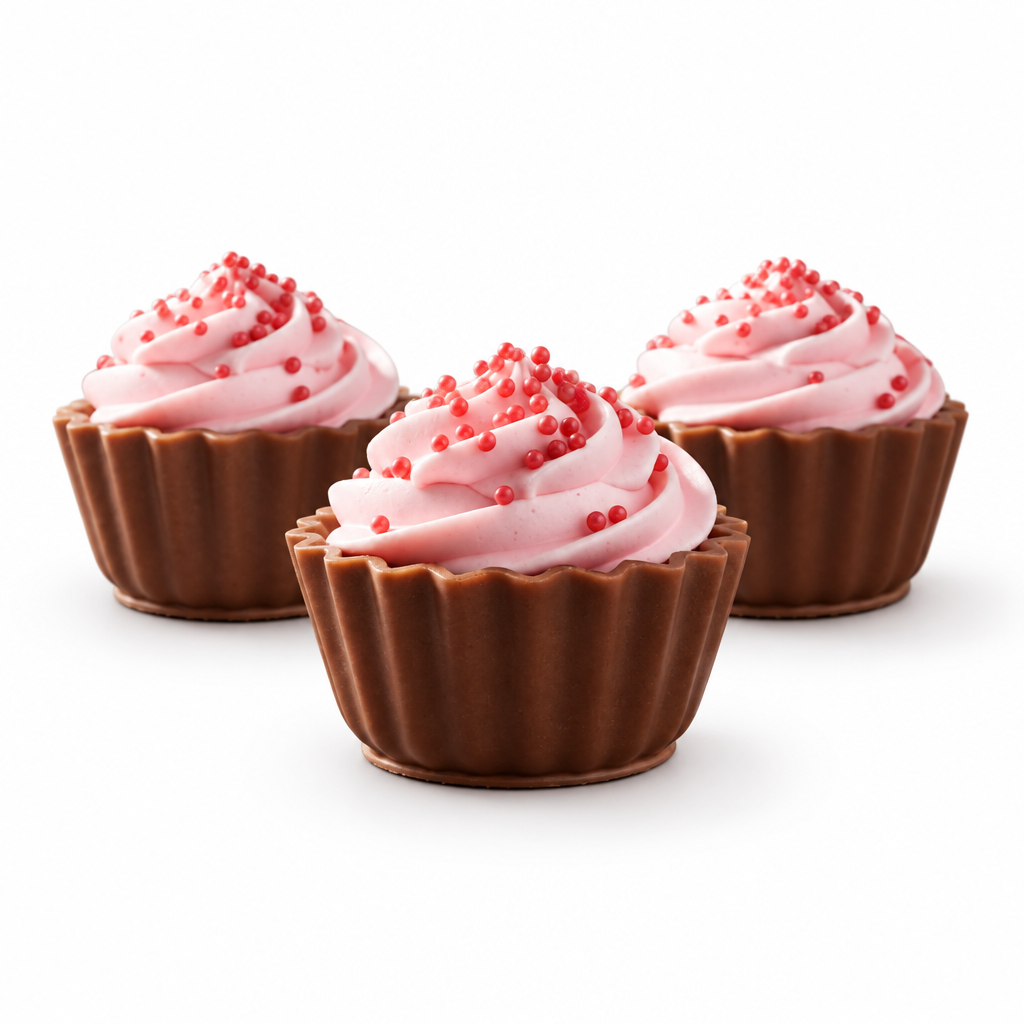 Three Ickx strawberry cupcake chocolates with pink topping, 19.5 g each