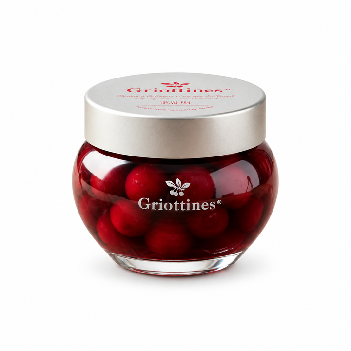 Peureux Griottines Cherries in Liqueur in Glass Jar on a white background