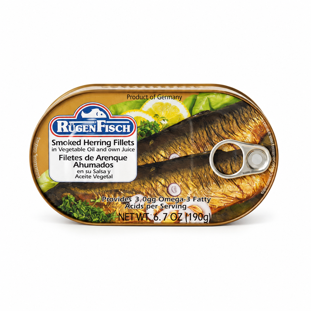RugenFisch Smoked Herring Filets In Vegetable Oil on a white background